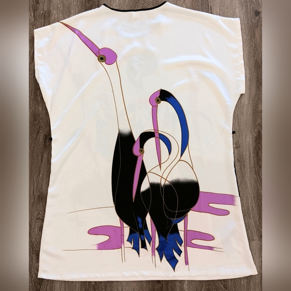 Art Nouveau satin cranes tunic dress. Medium. Ya Ye Er Si. - Picture 4 of 16